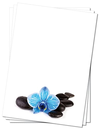 Motivpapier Briefpapier (Wellness-5068, DIN A4 100 Blatt) Feng Shui blaue Orchidee auf schwarzen mit Wasser benetzten Steinen