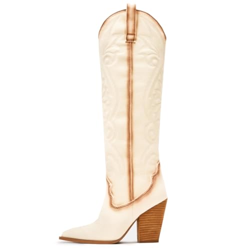 Vintage Embroidered Cowboy Boots Women Knee High Western Boots Suede High Chunky Stacked Heel Pointed Toe Tall Cowgirl Boots Satin Studded Combat Boot Pull On Fall Winter Dressy 4-11 M US