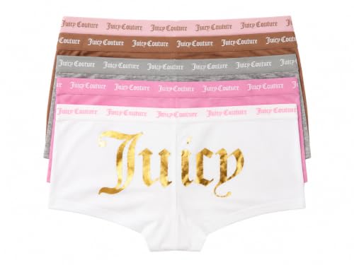 Image of Juicy Couture Women's Boyshort Underwear 5 Pack, Polka Dot Pink/Tan/Heather Grey/Pink/White (Medium)