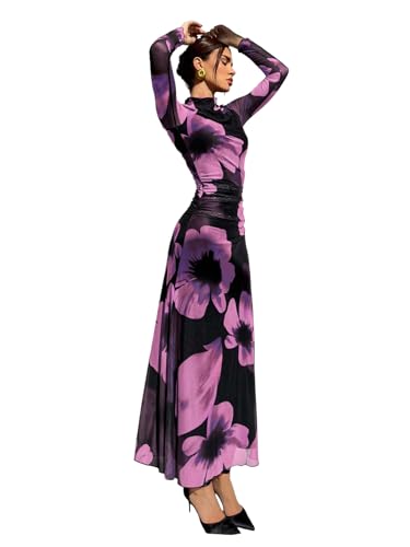 Image of Verdusa Women's Floral Wedding Guest Dress Long Sleeve Mesh Slimming Cocktail Vacation Maxi Dresses