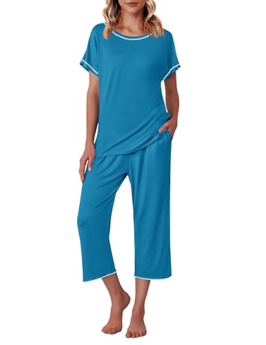 Image of Ekouaer Women's Capri Pajama Sets Print Short Sleeve Sleepwear Top and Capri Pants Soft Loungewear with Pocket