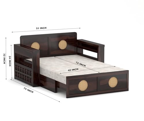Image of Solid Sheesham Wood Two Seater Sofa Cums Bed with Cane Design Panels | 2-in-1 Wooden Daybed with Cushion & Storage Drawers (Walnut Finish)