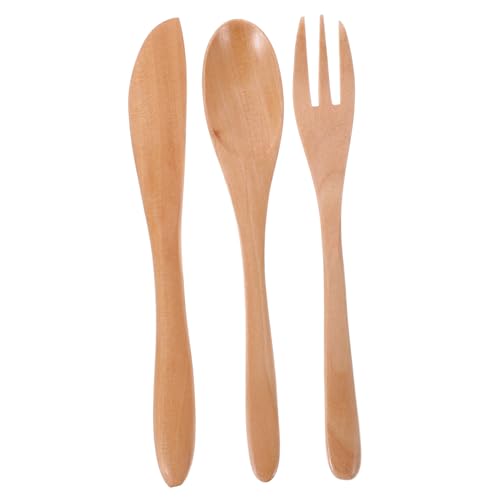SUPVOX Boys and Girls-friendly Wood Cutlery Set Fork Spoon Knife Set Silverware for Boys and Girls 3-piece Dinnerware Kit