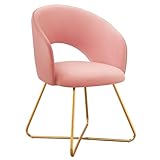 Modern Accent Chair Velvet Comfy Lounge Chairs for Bedroom, Upholstered Barrel Vanity Chair with Back, Mid Century Makeup Chair with Gold Legs (Pink)