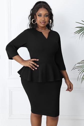 Runwind Plus Size Dresses for Curvy Women, Work Church Professional Office Vintage Peplum Pencil Dress V Neck 3/4 Sleeve3