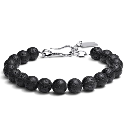 Elegatto Premium Loa Stone Beaded Bracelet for Men | Natural Lava Stone Beads with Silver Polished Stainless Steel Accents | Men’s Designer Bracelets by Elegatto - Used condition - US$23.95