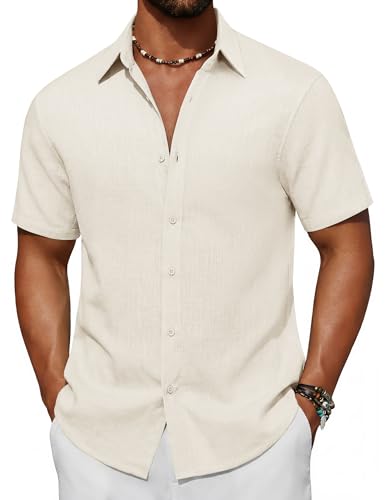 COOFANDY Mens Linen Shirts Button Up Short Sleeve Shirts Summer Cruise Shirt Cream