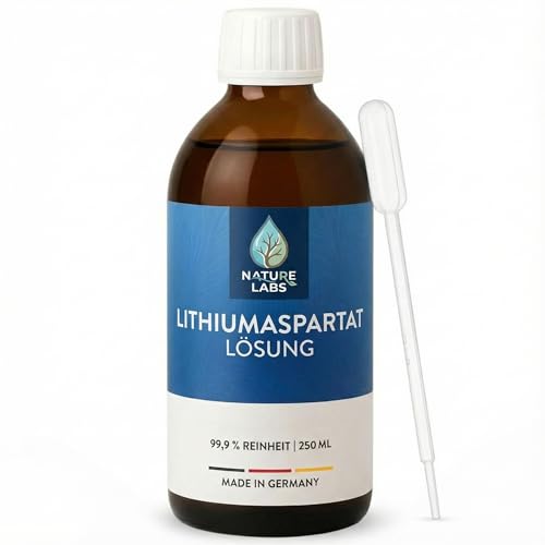 NATURE LABS Lithium Aspartat Lösung 250ml – 99,9% Reinheit Lithiumaspartat Fertiglösung – 0,5 mg je 1 ml (500 ppm) – Flüssiges Lithiumaspartat in hochreiner Qualität mit Pipette - Made in Germany