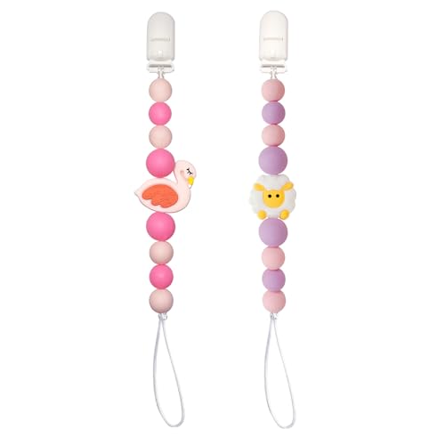 Image of Baby Pacifier Clip Holder Animal for Baby Boys and Girls,Binky Clips with One-piece Design for Baby Shower -2 Packs（Sheep+Flamingo）