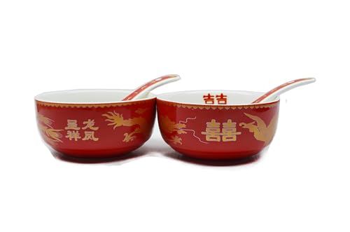 Image of Liang baobao Chinese Wedding Tea Gift 2 Set Bowl Spoon Porcelain Dragon and Phoenix for Adults Men Women Couple Wedding Party (4 /set dragon phoenix double happiness)