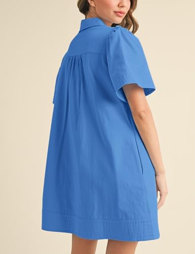 Image of Womens Short Sleeve Button Down Mini Shirt Dress Lapel Collar Short Dresses with Pocket