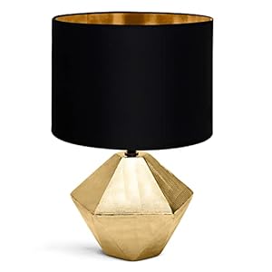 Aigostar 197179 – Lámpara de Cerámica, casquillo E14, φ220mm. Forma de diamante, Dorado. Lámpara de Mesa o Mesita de Noche, Pantalla de Tela, Lámpara Escritorio Diseño moderno para Estudio, Salón etc