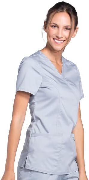 Mock Wrap Scrubs for Women Workwear Revolution, Soft Stretch, Easy Care WW610 X-Small Grey