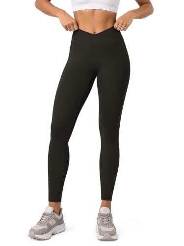 ODODOS Hidden Scrunch Butt Lifting Crossover Leggings for Women - 25" No Front Seam High Waist Booty Sculpting Yoga Pants, Dark Brown, Large