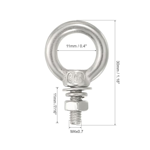 Image of uxcell M4x11 3 /16 inch x7 /16 Stainless Steel Eye Bolts Threaded Screw Eyebolt Shoulder Ring with Nuts Washers for Lifting Hanging, 10 Set