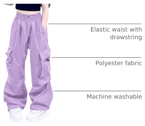 Image of Girls Cargo Pants Elastic Waist Drawstring with Pockets Pants | 6-14 years High Waist Loose fit School Hiking Casual