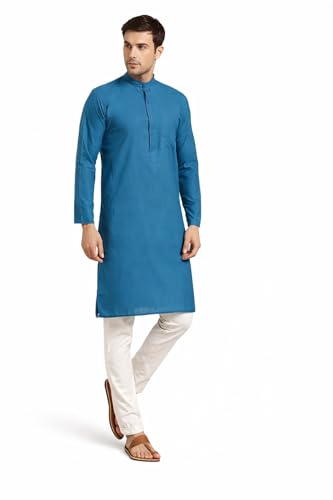 HOME ARCHIVE Men's Pure Cotton ONLY Long Kurta Mandarin Collar Ethinic Wear Casual Fashion Regular Indian Dress Gift for Men (US, Alpha, Medium, Blue)