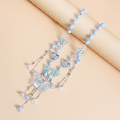 Layered Pearl Butterfly Choker Necklaces for Women,Vintage Crystal Beaded Pendant Necklace Y2K Bow Heart Tassel Chain Necklace Jewelry3