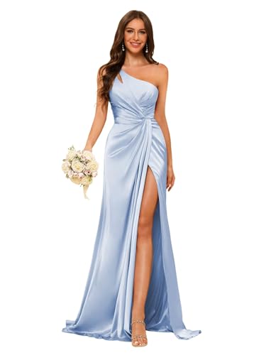 Image of vintys Women's One Shoulder Ruched Bridesmaid Dresses Long with Slit Satin Formal Prom Dress VS117