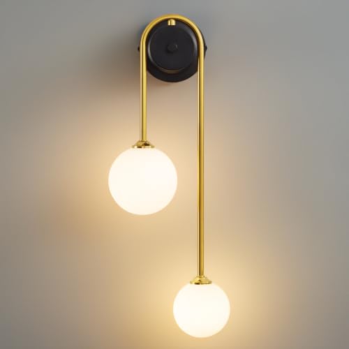 Image of Globe Wall Sconce, Double Hanging Ball Sconce, Modern Indoor Sconces | Gold Double Globe wall Sconce with Milk Glass Shades, Hardwired Indoor ball Sconce for Bedroom Bathroom Living Room Hallway