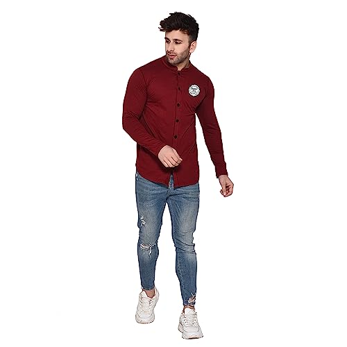 Image of Geum Men's Mandarin Collar Shirt | Slim Fit Full Sleeve Casual Shirt with Printed Chest Logo | Soft Cotton Blend Stylish Button Down for Party, Office