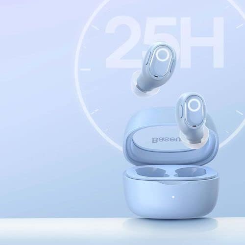 Baseus Bowie WM02 True Wireless Earphones and charging case, highlighting the extended battery life of up to 25 hours.