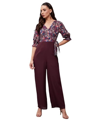 Image of Miss Chase Women's V-Neck Half Sleeve Tropical Wrap-Styled Jumpsuit