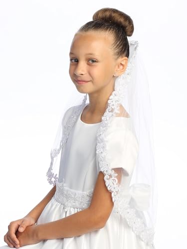 Swea Pea & Lilli Girls First Communion Veil - White Holy 1st Communion Headpiece with Comb, Corded Lace Trim, and Rhinestone Accents
