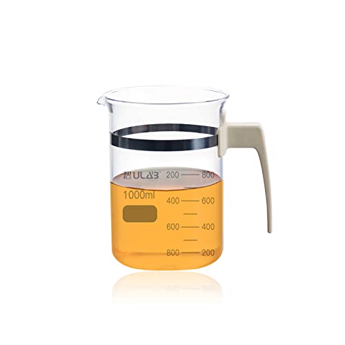ULAB Glass Beaker with Handle, Vol. 1000ml, 3.3 Borosilicate Griffin Low Form with Printed Graduation, Double Scale, UBG1051