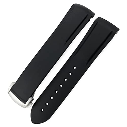 Bracelet montre caoutchouc 22mm noir argent avec finition incurvée haut de gamme