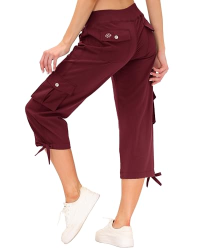 Image of MoFiz Ladies Capri Pants Casual Loose Cropped Trousers Women Summer 3/4 Length Shorts with Cargo Pockets Wine-Red Size L