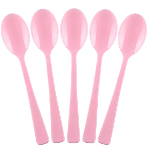 Kochorie Pink Plastic Spoons 180 Pack Heavy Duty Disposable Utensils 6.8 Inch Bulk Party Pink Spoons Cutlery Set for Brithday Wedding Baby Shower Bridal Showe Garden Party Silverware Tableware