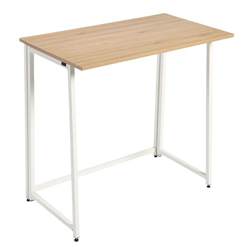 Miroytengo Mesa de Escritorio Plegable Rade para Oficina Estilo Moderno en Color Blanco-Madera Claro con Estructura Metálica 80x73x50 cm