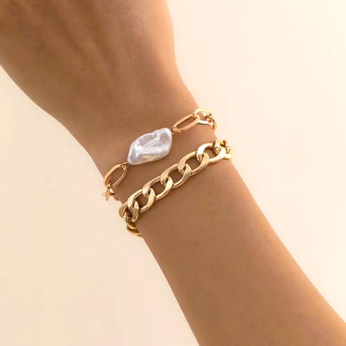 FUTIMELY Baroque Pearl Chain Bracelet Set for Women Chunky Adjustable Gold Paperclip Link Statement Bangles Personality Cuban Chain Bracelet Charm Jewelry Gift4