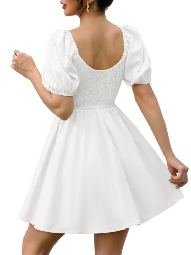 Image of Womens Babydoll Dress 2026 Summer Casual Puff Sleeve V Neck Cute Boho Smocked Flowy Short Sundress Beach Mini Dresses