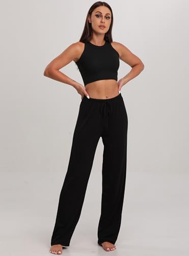 FEQO 2 Pack Women's Lounge Pants Wide Leg Yoga Pants Casual Pajama Bottoms2