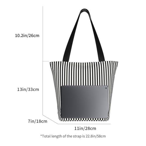 Vertical Gold Black And White Art Deco Stripes Reusable Zippered Shoulder Bag, Stylish Polyester Tote With Wide Handle & Inner Pocket, Lightweight Durable Shopping & Travel Bag2