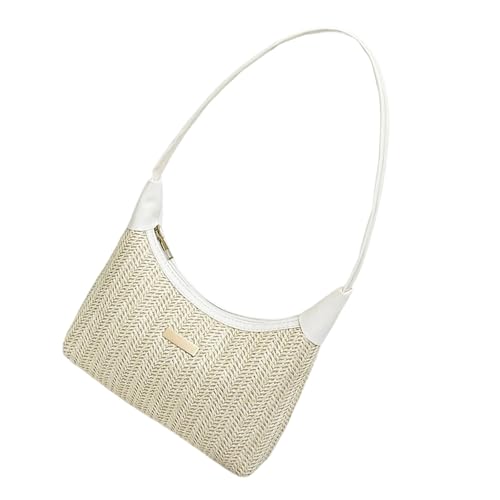 Moderna bolsa de paja con bolsillos interiores, accesorio de fibra natural, bolsas de hombro de moda para trajes casuales, bolsa de antebrazo de paja de primera calidad, Blanco