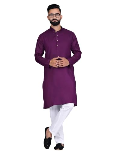 Image of Pinkmint Kurta for Men Cotton Mandarin Collar Long Sleeve Soild Traditional Kurta Festival Kurta