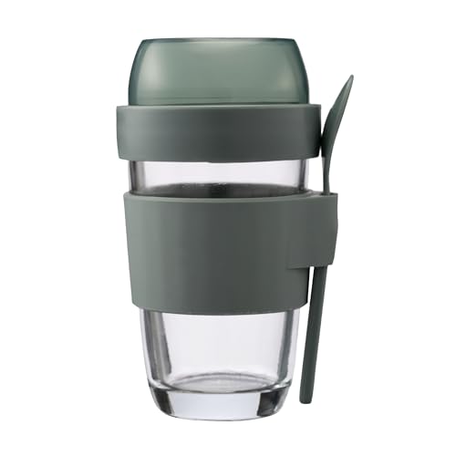 Image of Stegl Glass Yogurt & Coffee Cup 400ml with Dual-Compartment Topping Lid, One-Hand Flip Click Lock, Spoon & Silicone Sleeve - For Overnight Oats, Cereal, Fruit & Coffee Snacks