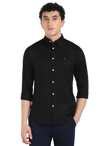 Image of Tommy Hilfiger Solid Slim-Fit Satin Woven Shirt Black