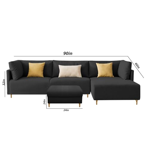 Image of Carina RHS 4 Seater L Shape Sofa Set with Center Table for Living Room (Black Fabric) Premium Fabric Sofa
