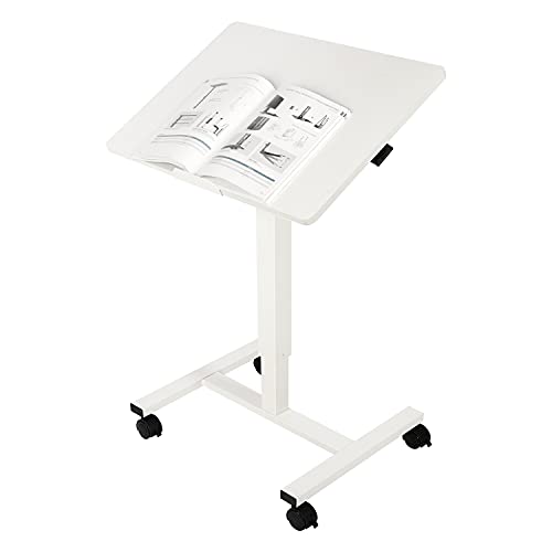 Height Adjustable Standing Desk with Tilting Desk Top,Mobile Standing Desk Sit Stand Desk with Wheels,Mobile Laptop Desk Computer Standing Desk Cart, Portable Sit Stand Rolling Table (White)
