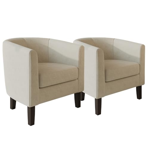 Image of BELLEZE Accent Barrel Chair, Set of 2 Linen Round Club Tub Sofa Corner Chair with Flared Legs and Cozy Soft Padding for Living Room Bedroom Waiting Room - Beige