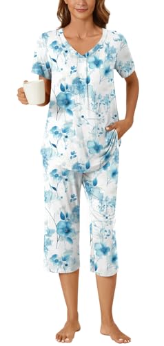 Image of Bestbee Women's Pajama Sets 2 Piece Lounge Outfits Summer Sleepwear V Neck Short Sleeve Capri Pant With Pockets Ladies Pjs