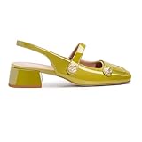 Green Slingback Mary Jane Heels for Women Low Block Heel Closed Square Toe Pump Shoes Heels Classic Daily Office Dressy Shoes Green Size 7