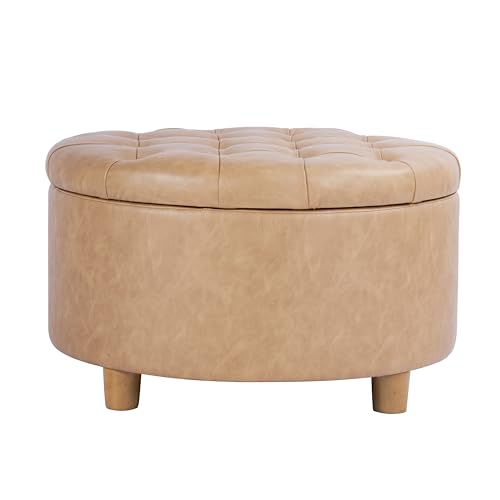 Image of HomePop 28 inch Button Round Storage Ottoman - Light Camel Faux Leather