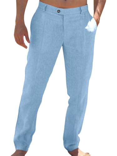 Runcati Mens Casual Pants Elastic Waist Cotton Linen Pants Pleated Loose Fit Lightweight Beach Yoga Trousers Blue