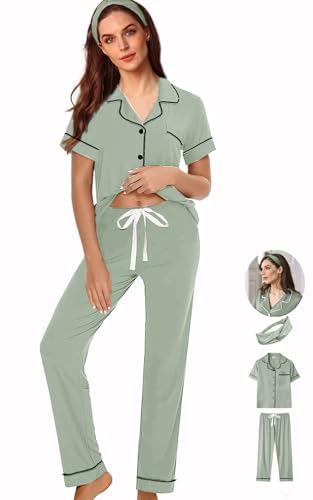 Image of WJing Yi Jia 3Pcs Soft Pajama Sets For Women XS-XXL Womens Pajamas Set Sleepwear Button Down Short Sleeve Long Pants Pj sets