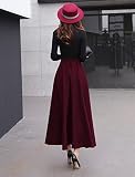 Damska długa spódnica w stylu vintage, wysoka talia, linia A, jesień/zima, elegancka, solidna wełniana spódnica midi, czerwony (wine red), 3XL